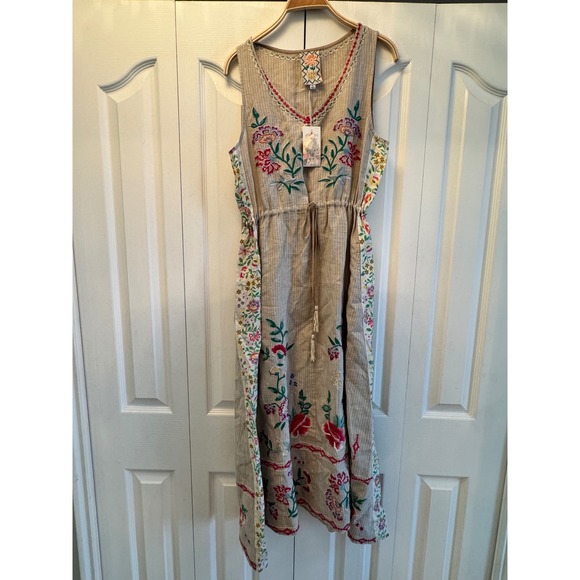 Johnny Was Dresses & Skirts - Johnny Was Sloane Drawstring Tank Dress Linen Floral Embroidered Midi Tan Small